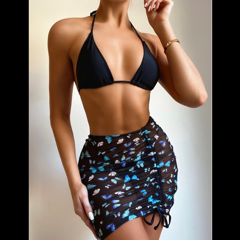 Black cheeky bikini butterfly cover skirt three pieces set sep sale